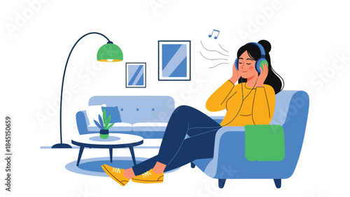 Person listening to music with headphones in modern flat vector illustration, relaxation and entertainment hobby, ideal for audio and lifestyle themes