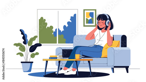 Person listening to music with headphones in modern flat vector illustration, relaxation and entertainment hobby, ideal for audio and lifestyle themes