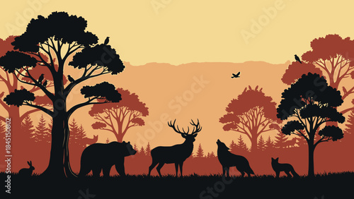 Peaceful Forest Silhouette Scene Featuring Diverse Wildlife Amidst Warm Sunset Hues