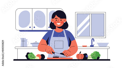 Person cooking in home kitchen illustrated in modern flat vector style, creative home hobby and lifestyle concept, ideal for food and leisure content