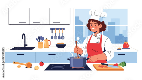Person cooking in home kitchen illustrated in modern flat vector style, creative home hobby and lifestyle concept, ideal for food and leisure content