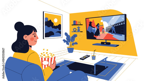 People watching movies or streaming at home in modern flat vector illustration, entertainment and relaxation concept, ideal for lifestyle and leisure content