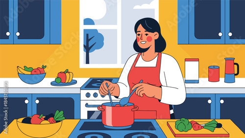 Person cooking in home kitchen illustrated in modern flat vector style, creative home hobby and lifestyle concept, ideal for food and leisure content