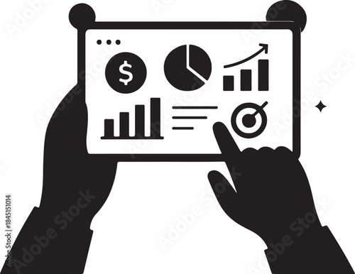 Hands holding tablet displaying business analytics dashboard with charts, graphs, and financial icons for data analysis and reporting concept