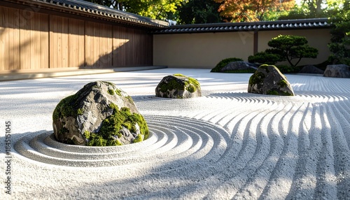 枯山水庭園の砂紋：瞑想を誘う抽象的な和風デザイン背景