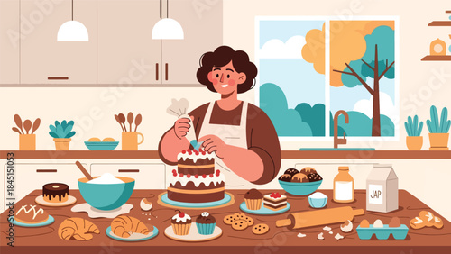Baking cakes and pastries at home in modern flat vector illustration, creative and relaxing leisure activity, ideal for food and lifestyle themes