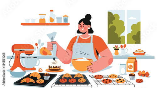 Baking cakes and pastries at home in modern flat vector illustration, creative and relaxing leisure activity, ideal for food and lifestyle themes