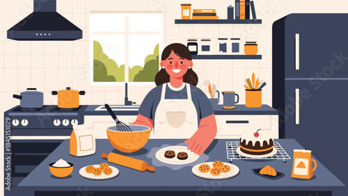 Baking cakes and pastries at home in modern flat vector illustration, creative and relaxing leisure activity, ideal for food and lifestyle themes