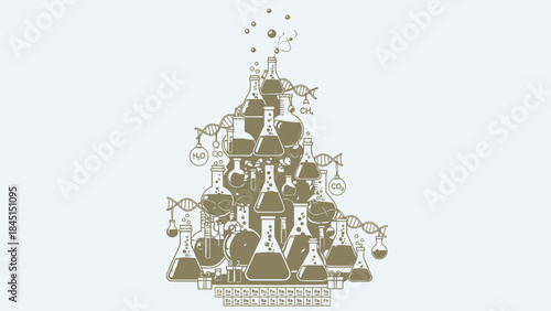 Gold chemistry lab equipment christmas tree with beakers flasks test tubes dna models and molecules on light green background