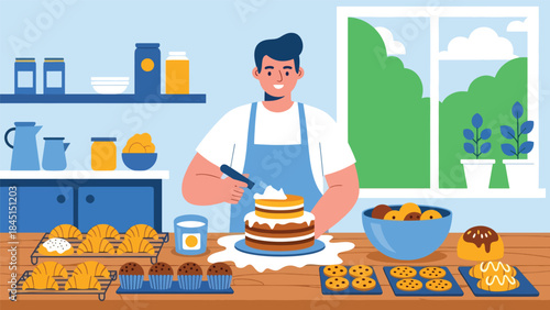 Baking cakes and pastries at home in modern flat vector illustration, creative and relaxing leisure activity, ideal for food and lifestyle themes