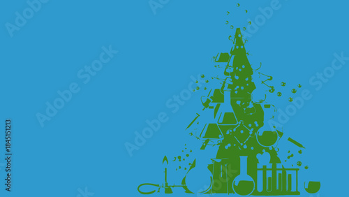 Green silhouette of scientific equipment exploding in air on blue background