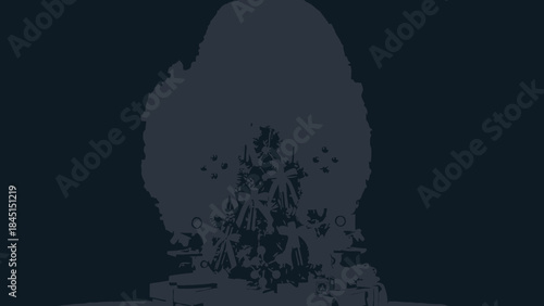 Dark grey illustration of abstract tree on black background, decorative rounded shape