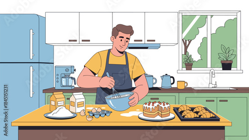 Baking cakes and pastries at home in modern flat vector illustration, creative and relaxing leisure activity, ideal for food and lifestyle themes