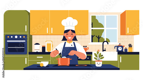 Person cooking in home kitchen illustrated in modern flat vector style, creative home hobby and lifestyle concept, ideal for food and leisure content