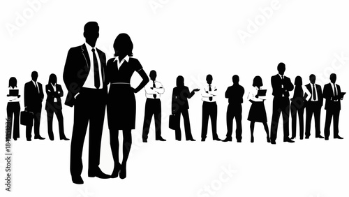 Silhouette of a business team standing together in a line.