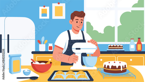 Baking cakes and pastries at home in modern flat vector illustration, creative and relaxing leisure activity, ideal for food and lifestyle themes