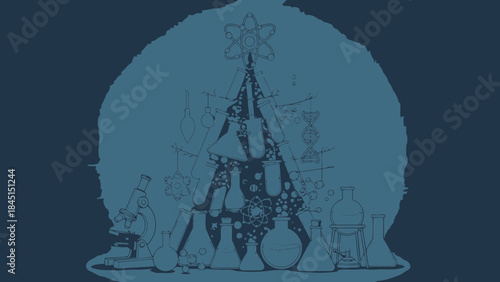 Steampunk christmas tree with science lab equipment in background