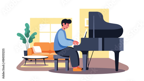 Person playing musical instrument piano illustrated in modern flat vector style, creative music hobby, ideal for art, culture, and leisure content