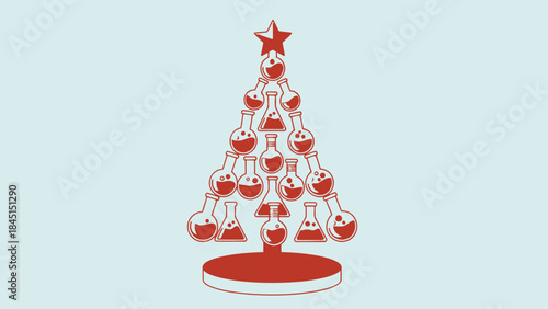 Red christmas tree made of laboratory glassware beakers on a white background, decorated with a smiling star on top for a fun holiday