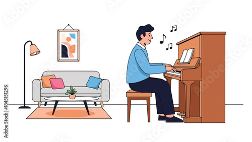 Person playing musical instrument piano illustrated in modern flat vector style, creative music hobby, ideal for art, culture, and leisure content