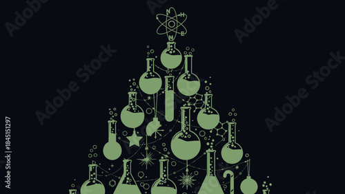 Green chemistry christmas tree illustration with laboratory glassware beakers and test tubes on black background decorated