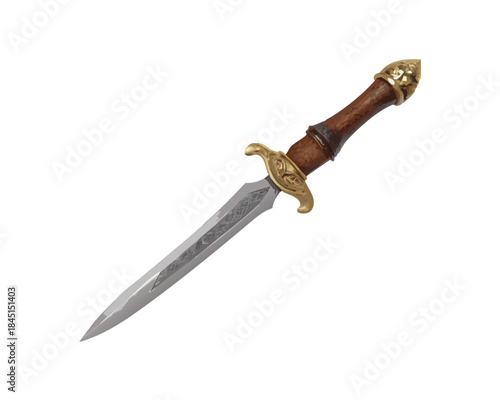 Antique hunting dagger with steel blade and metal handle isolated on white background
