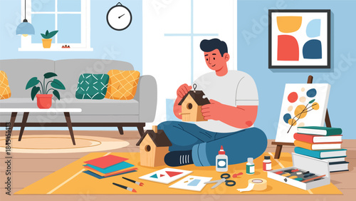 People doing DIY crafts at home in modern flat vector illustration, handmade creativity and leisure hobby, ideal for lifestyle and creativity themes