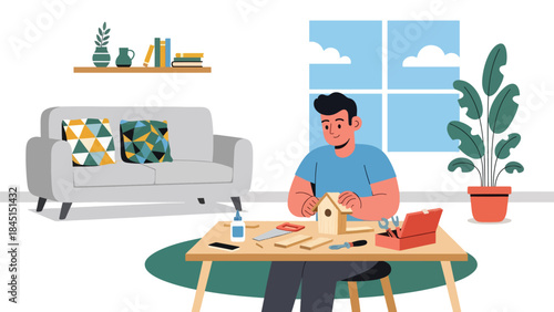 People doing DIY crafts at home in modern flat vector illustration, handmade creativity and leisure hobby, ideal for lifestyle and creativity themes