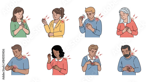 Diverse People Experiencing Chest Pain and Discomfort, Health Issues Visualization