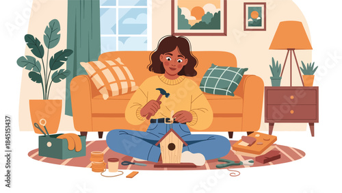 People doing DIY crafts at home in modern flat vector illustration, handmade creativity and leisure hobby, ideal for lifestyle and creativity themes