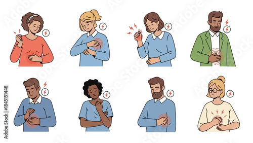 Diverse People Experiencing Discomfort and Pain in Various Body Parts