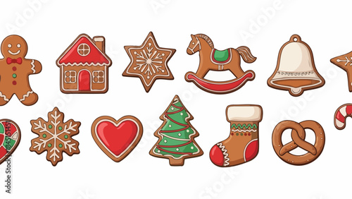 Seamless Pattern of Assorted Festive Gingerbread Cookies on White Background