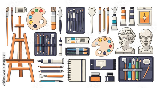 Diverse Art Supplies and Easel with Busts and Sketchpads Flat Vector