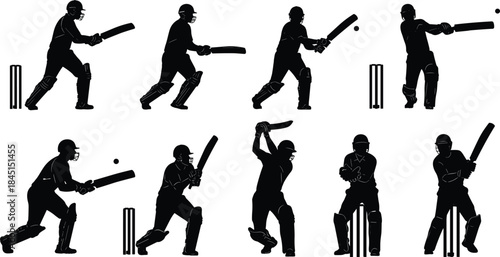 Dynamic Cricket Batsman and Wicket-Keeper Silhouettes Vector Collection Illustrating Various Batting Shots and Fielding Poses Isolated on a White Background for Sports Design.