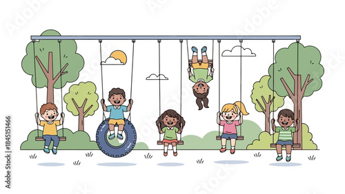 Children Enjoying a Playground Swing Set with Tire Swing and Trees