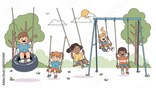 Diverse Group of Happy Children Enjoying Swings in a Sunny Park Playground