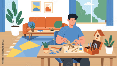 People doing DIY crafts at home in modern flat vector illustration, handmade creativity and leisure hobby, ideal for lifestyle and creativity themes