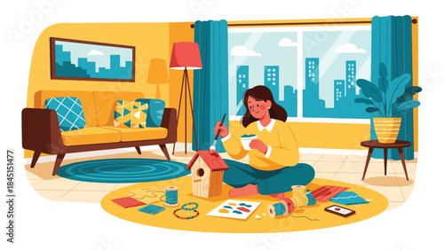 People doing DIY crafts at home in modern flat vector illustration, handmade creativity and leisure hobby, ideal for lifestyle and creativity themes