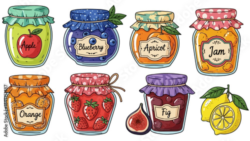 Collection of Jars Filled with Various Fruit Jams and Spreads, Vector Art