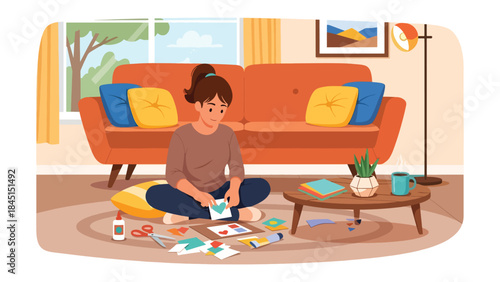 People doing DIY crafts at home in modern flat vector illustration, handmade creativity and leisure hobby, ideal for lifestyle and creativity themes