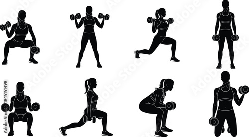 Female workout silhouettes vector set showing various dumbbell exercises like squats lunges lifting strength training poses for fitness gym health and wellness illustration graphic.