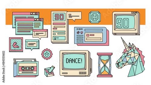 Retro 90s Aesthetic Vector Graphics: Technology, Nostalgia, and Pop Culture Elements