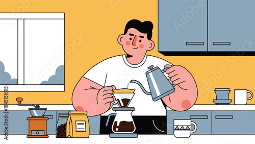 Person brewing coffee with tools in modern flat vector illustration, cozy lifestyle and leisure hobby, ideal for café, lifestyle, and food content