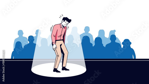 Anxious Man on Stage in Spotlight Facing Audience, Stage Fright Concept