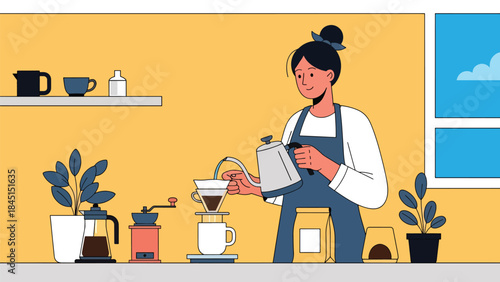 Person brewing coffee with tools in modern flat vector illustration, cozy lifestyle and leisure hobby, ideal for café, lifestyle, and food content