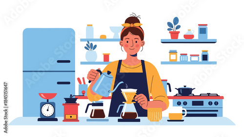 Person brewing coffee with tools in modern flat vector illustration, cozy lifestyle and leisure hobby, ideal for café, lifestyle, and food content