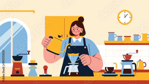 Person brewing coffee with tools in modern flat vector illustration, cozy lifestyle and leisure hobby, ideal for café, lifestyle, and food content