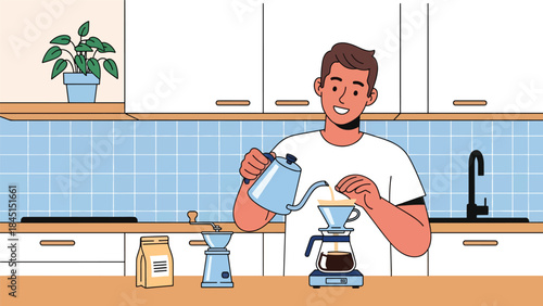 Person brewing coffee with tools in modern flat vector illustration, cozy lifestyle and leisure hobby, ideal for café, lifestyle, and food content