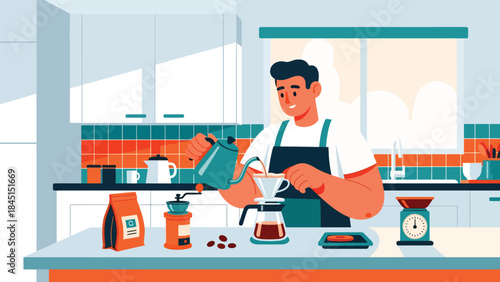 Person brewing coffee with tools in modern flat vector illustration, cozy lifestyle and leisure hobby, ideal for café, lifestyle, and food content