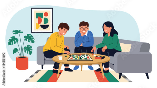 Friends playing board games together in modern flat vector illustration, social leisure and bonding activity, ideal for family and lifestyle themes